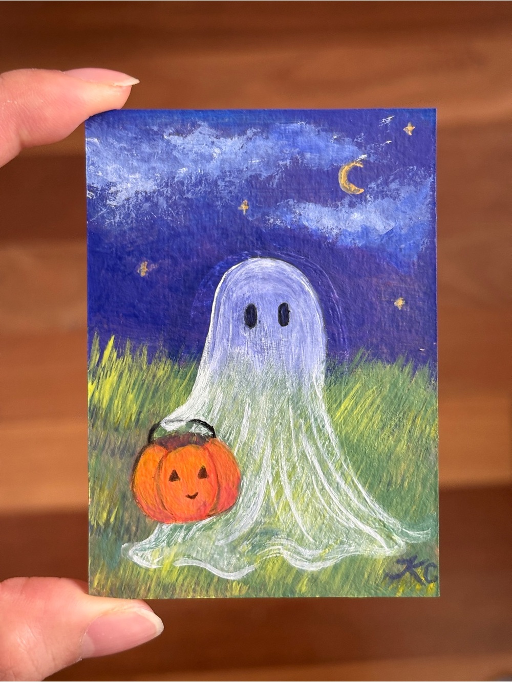 ACEO Original Cute Spooky Trick-or-Treat Ghost Halloween Night - PaperTrailbyKC